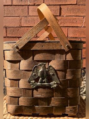 Vintage 70s Americana Eagle Woven Wood Basket with Lid Rustic Primitive Storage